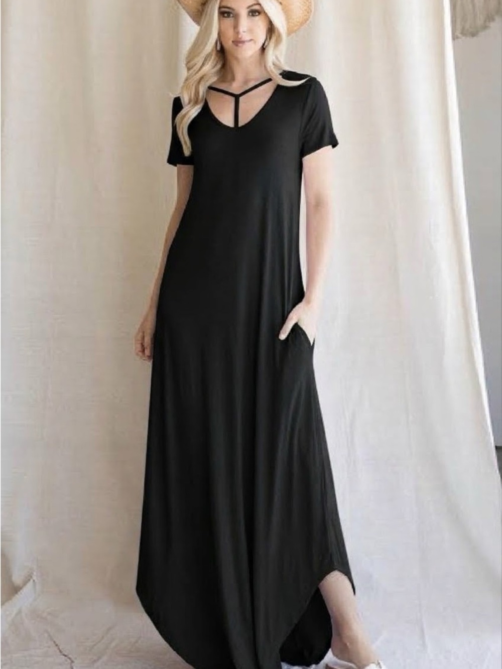 Women’s Black Short-Sleeve Maxi Dress with Strappy V-Neck